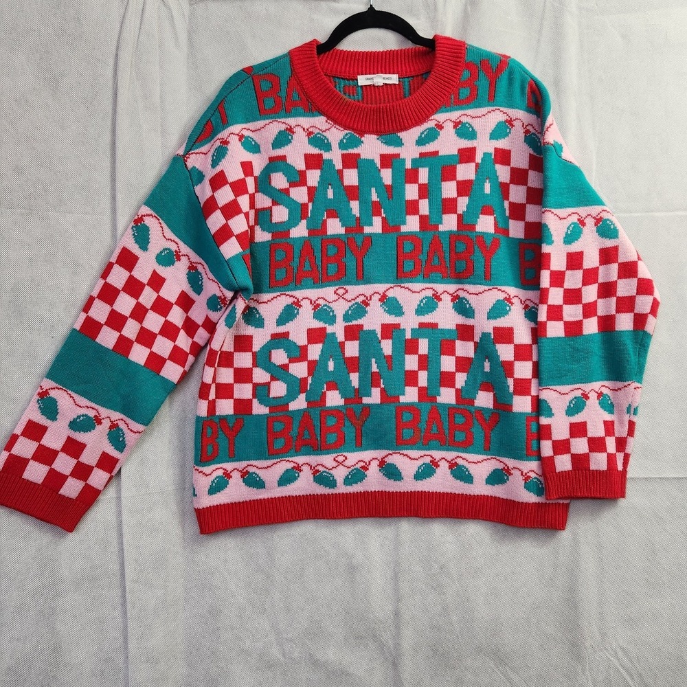 Grayson Threads Sweater Womens Medium Pink Red Santa Baby Christmas Pullover